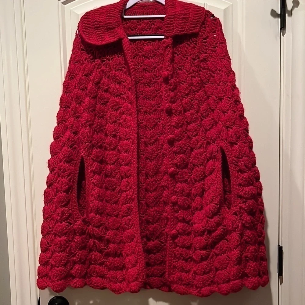 Red chunky crochet handknit open cape poncho boho hippie one size fits most